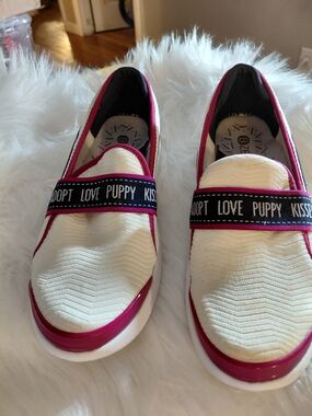 Women's White & Pink Slip-On Sneakers with 'Adopt Love Puppy' Strap